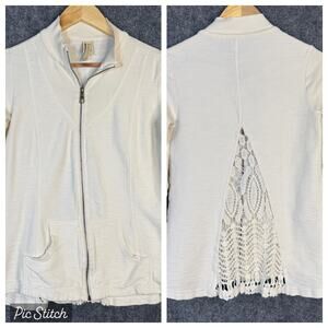 XCVI Jacket Womens Small Cream Crochet Full Zip Lagenlook Open Back Boho Casual